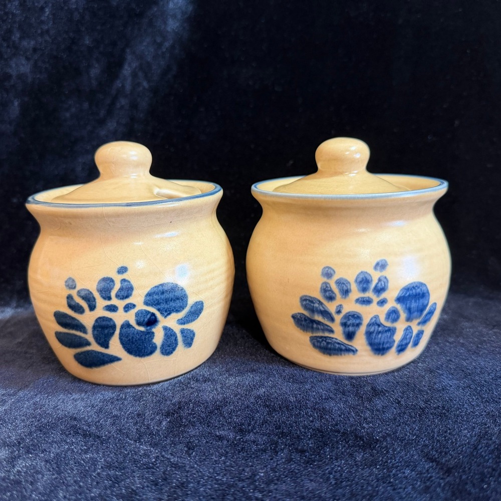 Vintage Pfaltzgraff Folk Art Sugar Bowl Jam Jar Set Lids Stoneware USA 022